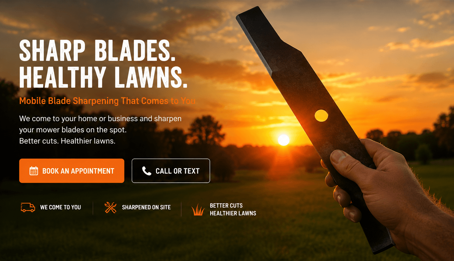 A mower blade held in front of a Louisiana sunset